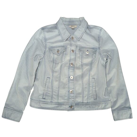 Style & Co Womens Denim Jacket Medium Blue White Stripe Button Front Casual - Picture 1 of 12